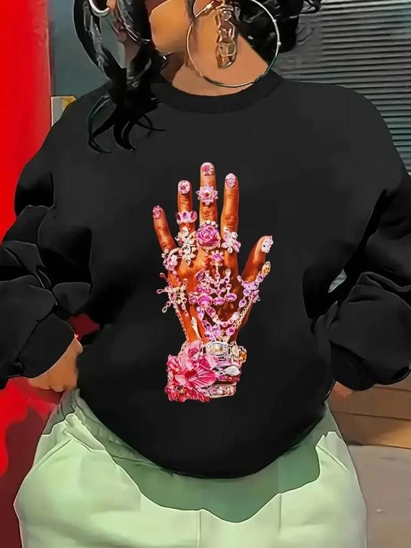 Women's Hand Print Drop Shoulder Sweatshirt, Casual Long Sleeve Round Neck Pullover for Fall & Winter, Ladies Clothes for...