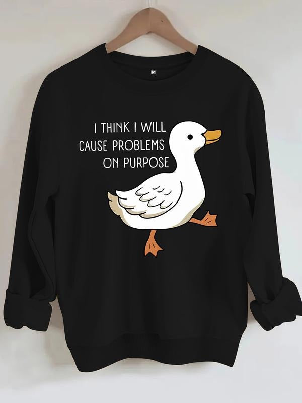 Women's Happy Duck Print Casual Round Neck Sweatshirt, Soft Pullover, Fall & Winter Essential, Comfortable Fabric...