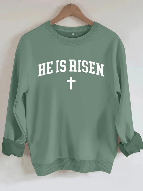 Women's He Is Risen Letter Print Sweatshirt, Cross Pattern Long Sleeve Top, Graduation Casual Fitted Pullover for Fall &...