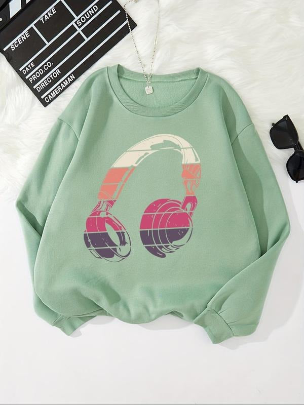 Women's Headphone Print Drop Shoulder Sweatshirt, Casual Long Sleeve Round Neck Pullover for Fall & Winter, Ladies...