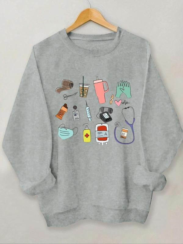Women's Healthcare Essentials Print Round Neck Sweatshirt, Casual Long Sleeve Crew Neck Pullover for Spring & Fall,...