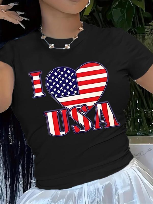 Women's Heart & " I Love USA " Slogan Print Round Neck Tee, American Flag Print Fashion Casual Crew Neck T-shirt for...