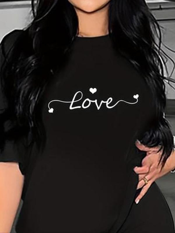 Women's Heart & "Love" Letter Print Round Neck Tee, Casual Short Sleeve Crew Neck T-Shirt for Summer, Ladies Clothes for...