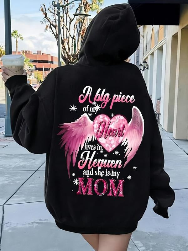 Women's Heart & Angel Wing Print Drop Shoulder Hoodie, Fashion Casual Letter Print Drawstring Pocket Hooded Sweatshirt...
