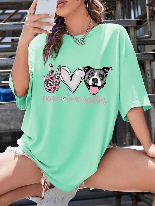 Women's Heart & Bulldog Print Round Neck Tee, Fashion Casual Drop Shoulder Half Sleeve T-shirt for Daily Wear, Ladies...
