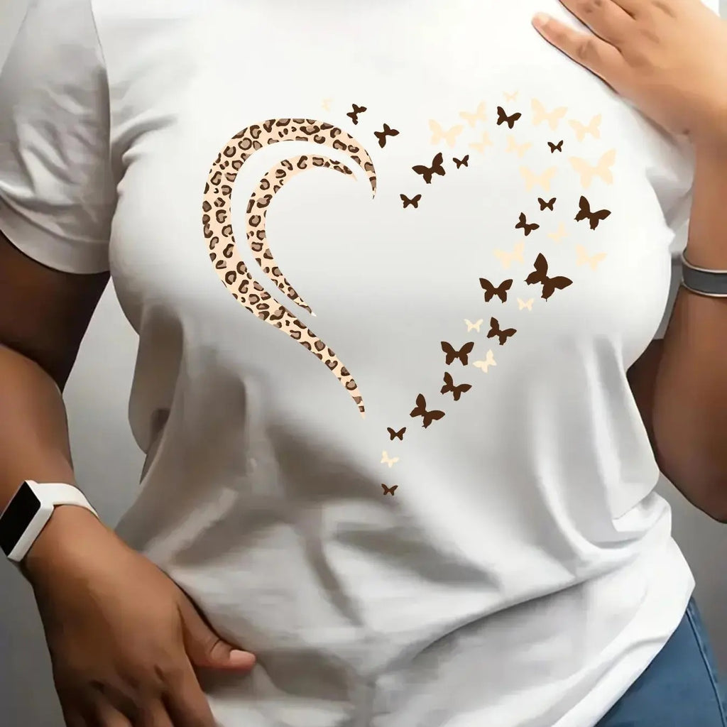 Women's Heart & Butterfly Print Round Neck Tee, Fashion Casual Short Sleeve T-shirt, Ladies Summer Clothes for Daily Wear...