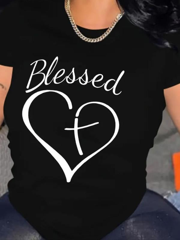 Women's Heart & Cross Print Round Neck Tee, Casual Letter Graphic Short Sleeve T-shirt for Summer, Fashion Women's Top...