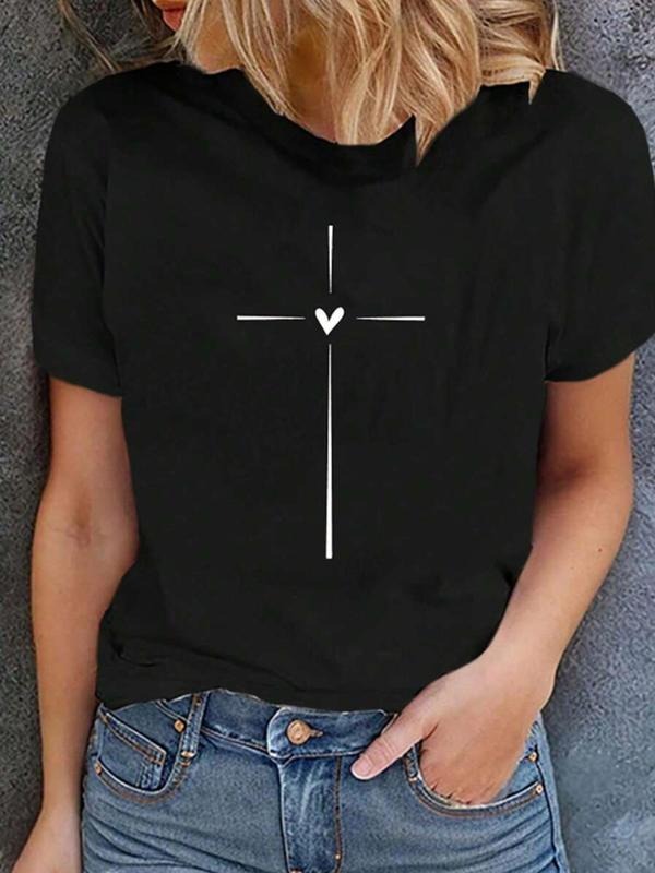 Women's Heart & Cross Print Round Neck Tee, Casual Short Sleeve Crew Neck T-shirt for Summer, Fashion Women's Top for...