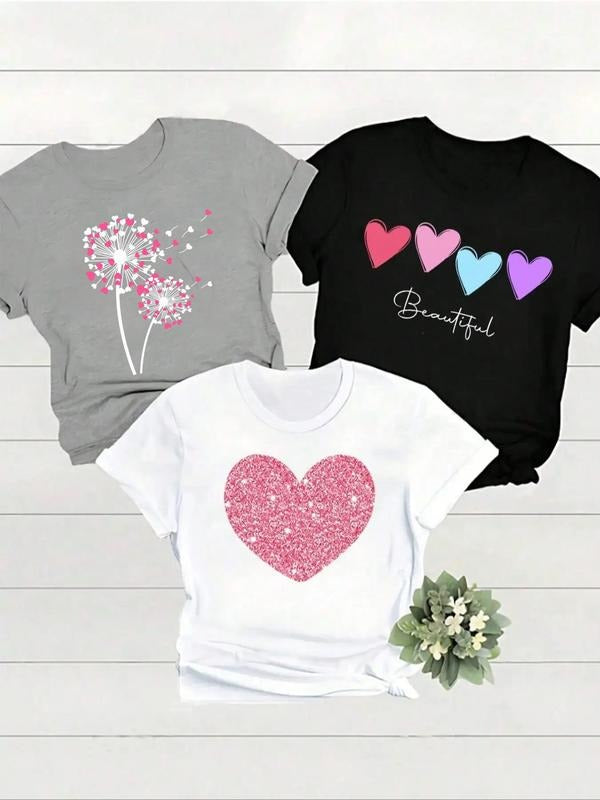Women's Heart & Dandelion Print Round Neck Tee, Fashion Casual Short Sleeve T-shirt, Ladies Summer Clothes for Daily Wear...