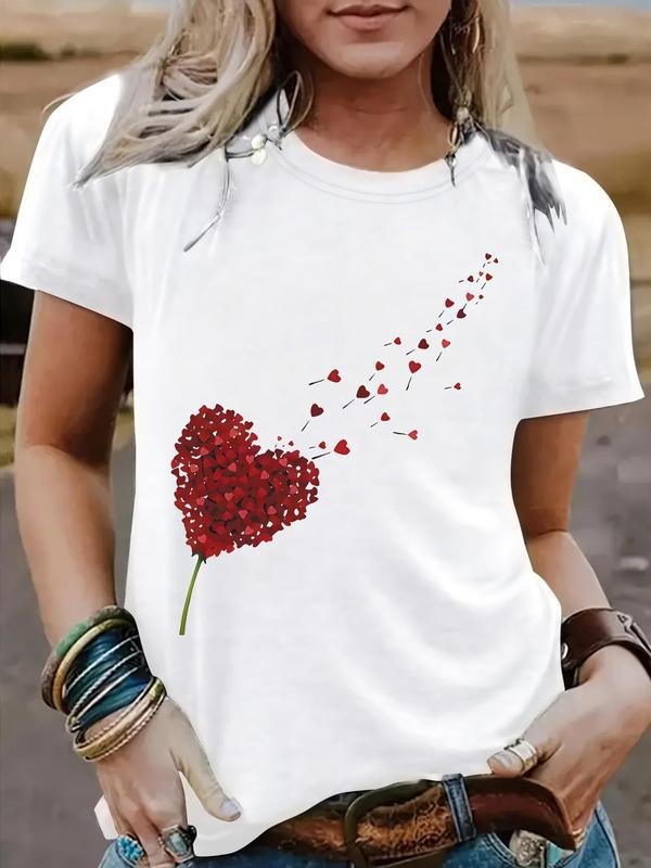 Women's Heart & Dandelion Print Round Neck Tee, Vintage Trendy Casual Short Sleeve T-shirt for Daily Wear, Ladies Summer,...