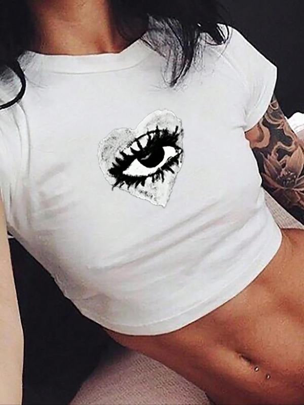 Women's Heart & Eye Print Round Neck Crop Tee, Fashion Casual Short Sleeve T-shirt for Daily Outdoor Wear, Ladies Clothes...