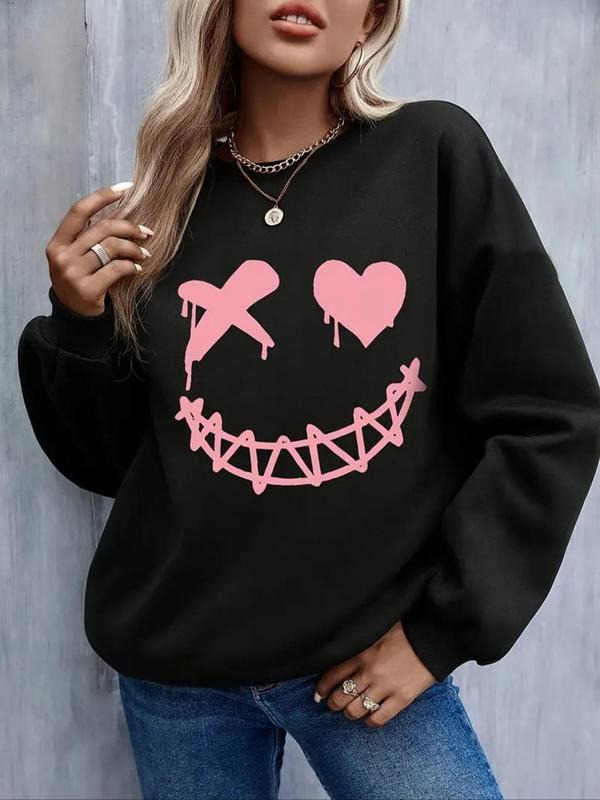 Women's Heart & Graphic Print Drop Shoulder Sweatshirt, Casual Long Sleeve Round Neck Pullover for Fall & Winter, Ladies...
