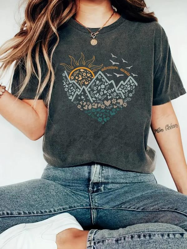 Women's Heart & Landscape Print Round Neck Tee, Casual Short Sleeve Crew Neck T-shirt for Summer, Fashion Women's Top for...