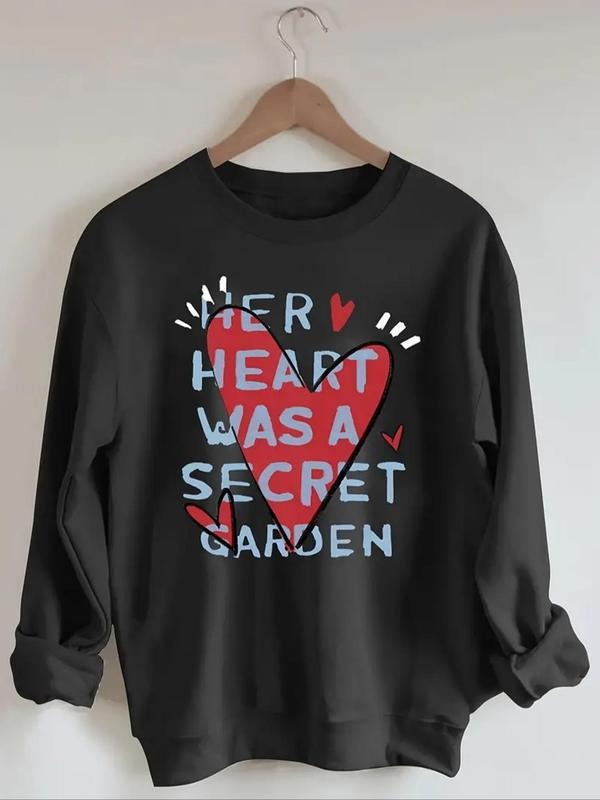 Women's Heart & Letter Print Crew Neck Sweatshirt, Casual Long Sleeve Pullover for Fall & Winter, Women's Clothes for...