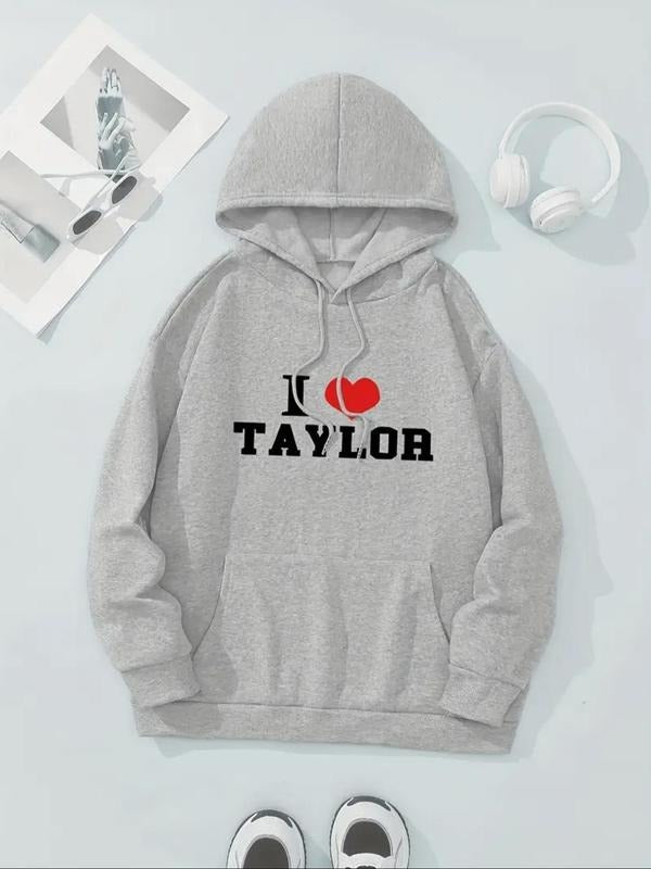 Women's Heart & Letter Print Drawstring Pocket Hoodie, Casual Drop Shoulder Long Sleeve Hooded Sweatshirt, Ladies Fall &...