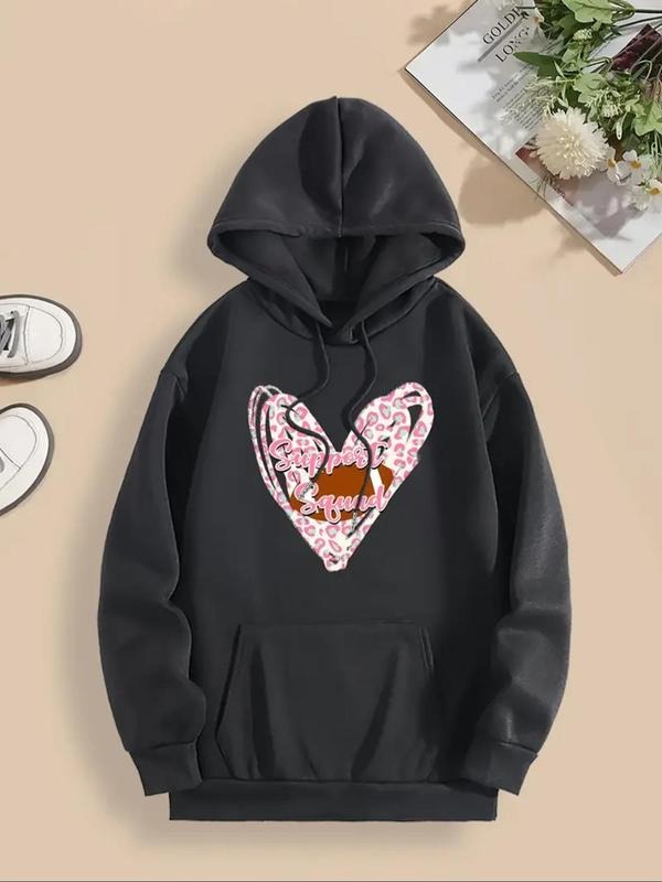 Women's Heart & Letter Print Drop Shoulder Hoodie, Fashion Casual Drawstring Pocket Hooded Sweatshirt for Daily Holiday...