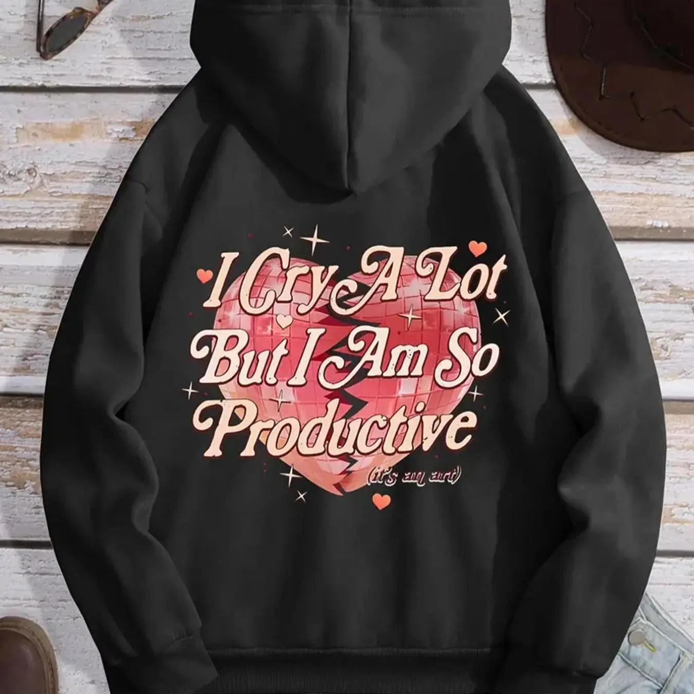 Women's Heart & Letter Print Drop Shoulder Hoodie, Fashion Casual Drawstring Pocket Hooded Sweatshirt for Daily Holiday...