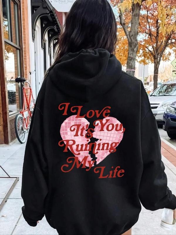 Women's Heart & Letter Print Drop Shoulder Hoodie, Fashion Casual Drawstring Pocket Hooded Sweatshirt for Daily Holiday...