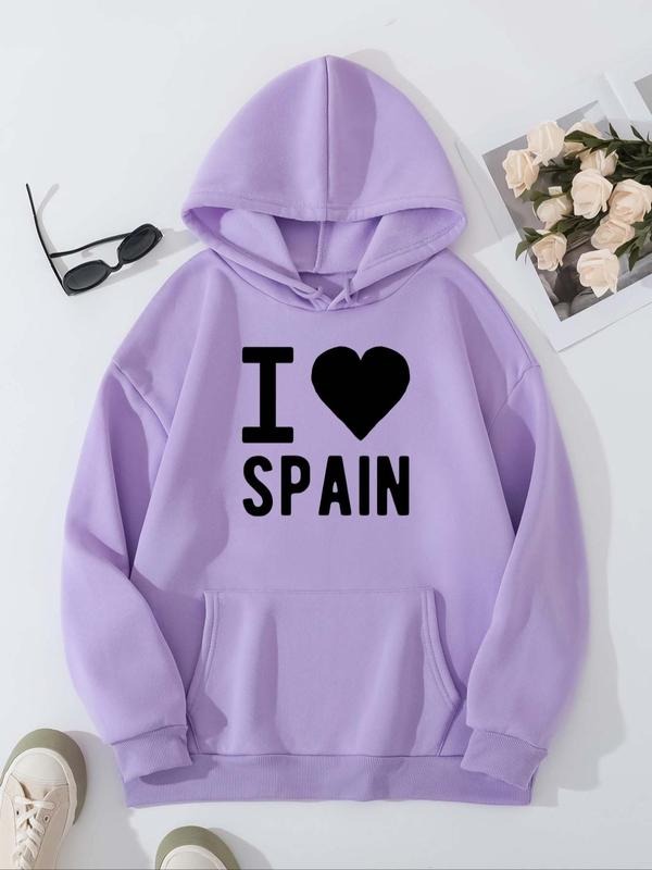 Women's Heart & Letter Print Drop Shoulder Hoodie, Fashion Casual Drawstring Pocket Hooded Sweatshirt for Daily Holiday...