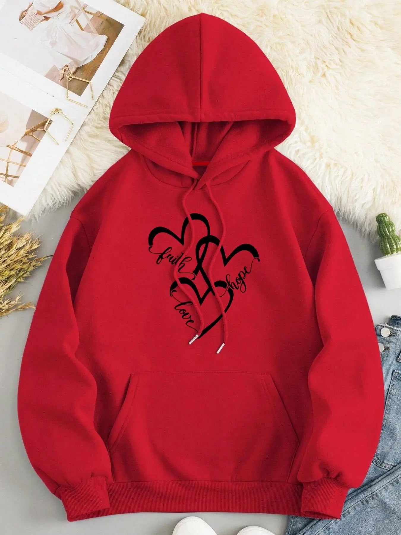 Women's Heart & Letter Print Drop Shoulder Hoodie, Fashion Casual Trendy Drawstring Pocket Hooded Sweatshirt for Daily...