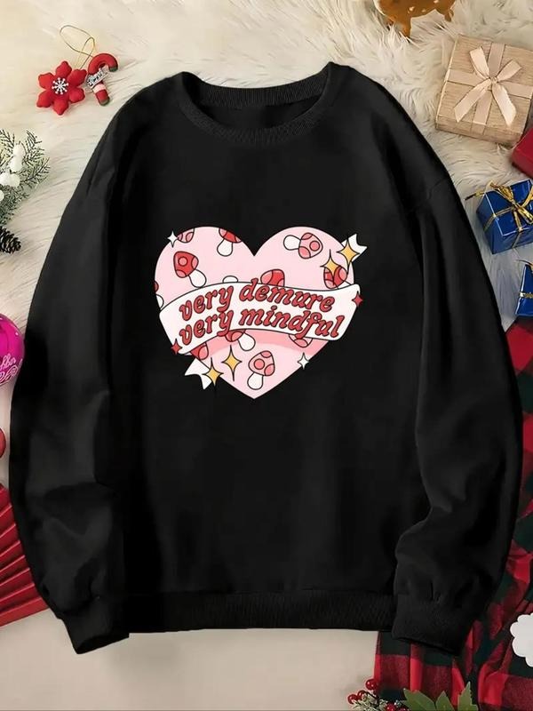 Women's Heart & Letter Print Drop Shoulder Sweatshirt, Casual Long Sleeve Round Neck Pullover for Daily Wear, Ladies...