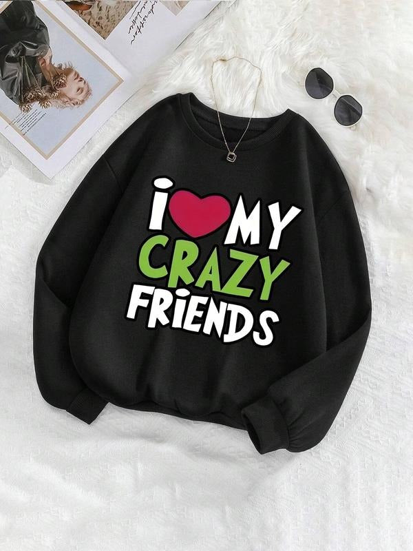 Women's Heart & Letter Print Drop Shoulder Sweatshirt, Casual Long Sleeve Round Neck Pullover for Fall & Winter, Ladies...
