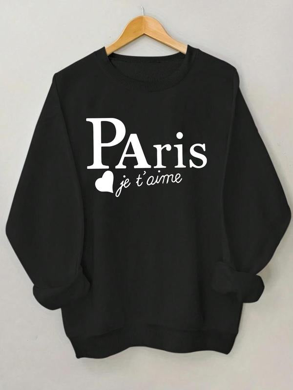 Women's Heart & Letter Print Drop Shoulder Sweatshirt, Casual Long Sleeve Round Neck Pullover for Fall & Winter, Women's...