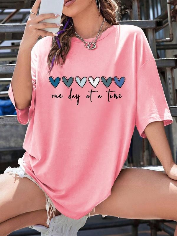 Women's Heart & Letter Print Drop Shoulder Tee, Casual Half Sleeve Round Neck T-Shirt for Summer, Ladies Clothes for...
