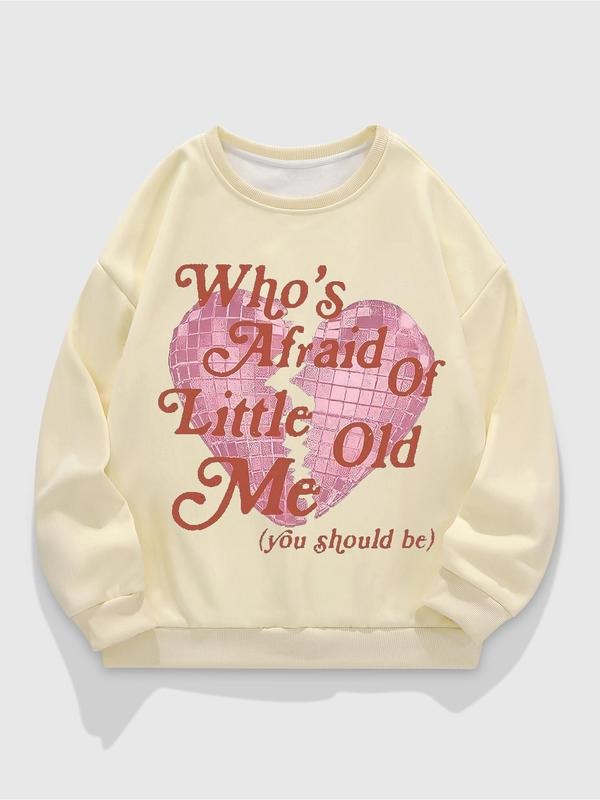 Women's Heart & Letter Print Drop Shoulder Thermal Lined Sweatshirt, Casual Long Sleeve Round Neck Pullover for Fall &...