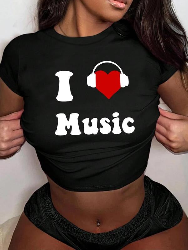 Women's Heart & Letter Print Round Neck Crop Tee, Fashion Casual Crew Neck Short Sleeve T-shirt for Daily Outdoor Wear,...