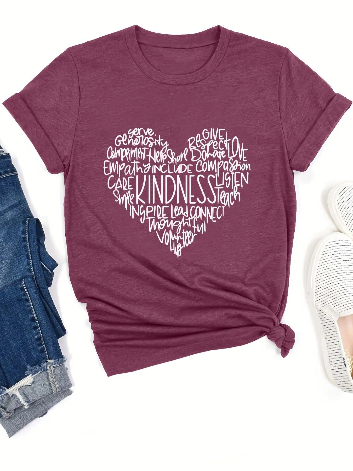 Women's Heart & Letter Print Round Neck Graphic Tee, Vintage Trendy Casual Short Sleeve T-shirt For Daily Wear, Ladies...