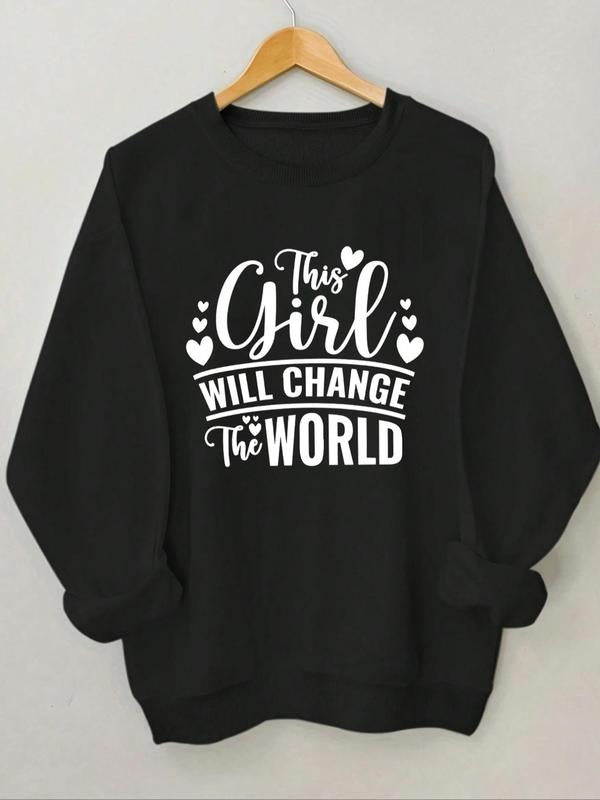 Women's Heart & Letter Print Round Neck Sweatshirt, Casual Long Sleeve Crew Neck Pullover for Spring & Fall, Fashion...