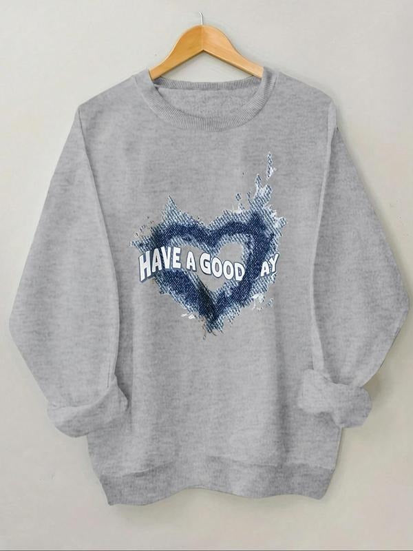 Women's Heart & Letter Print Round Neck Sweatshirt, Casual Long Sleeve Pullover, Women's Fall & Winter Clothes for Daily...