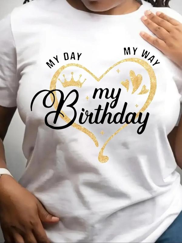 Women's Heart & Letter Print Round Neck Tee, Casual Crew Neck Short Sleeve T-shirt for Daily Outdoor Wear, Ladies Summer...