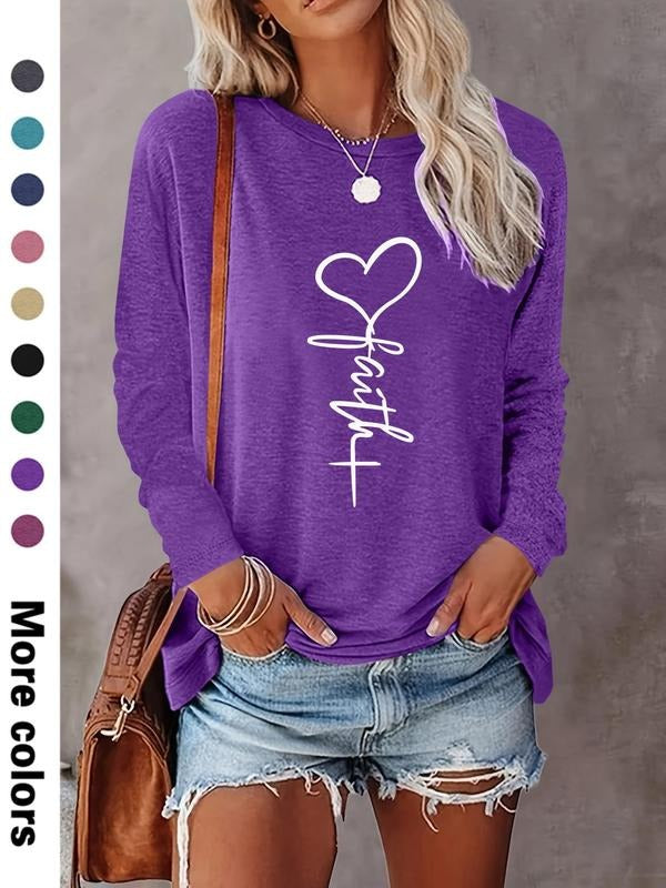Women's Heart & Letter Print Round Neck Tee, Casual Long Sleeve Crew Neck T-shirt for Daily Wear, Ladies Clothes for All...