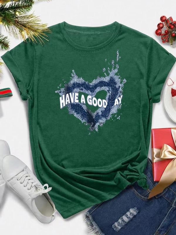 Women's Heart & Letter Print Round Neck Tee, Casual Short Sleeve Crew Neck T-Shirt for Summer, Fashion Women's Top for...