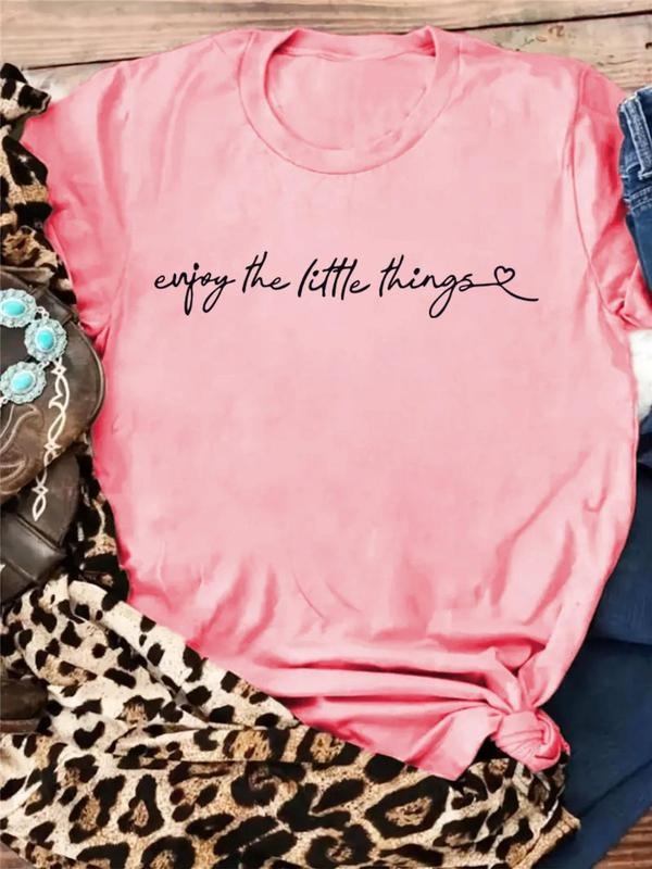 Women's Heart & Letter Print Round Neck Tee, Casual Short Sleeve Crew Neck T-Shirt for Summer, Fashion Women's Top for...