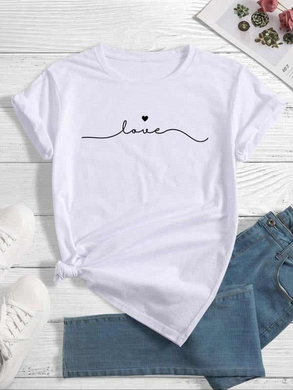 Women's Heart & Letter Print Round Neck Tee, Casual Short Sleeve Crew Neck T-Shirt for Summer, Fashion Women's Top for...