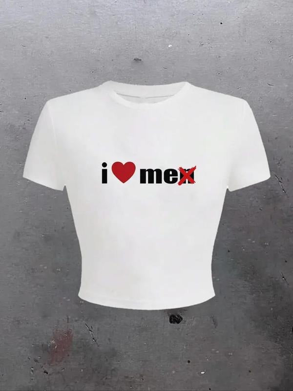 Women's Heart & Letter Print Round Neck Tee, Casual Short Sleeve Crew Neck T-Shirt for Summer, Fashion Women's Top for...