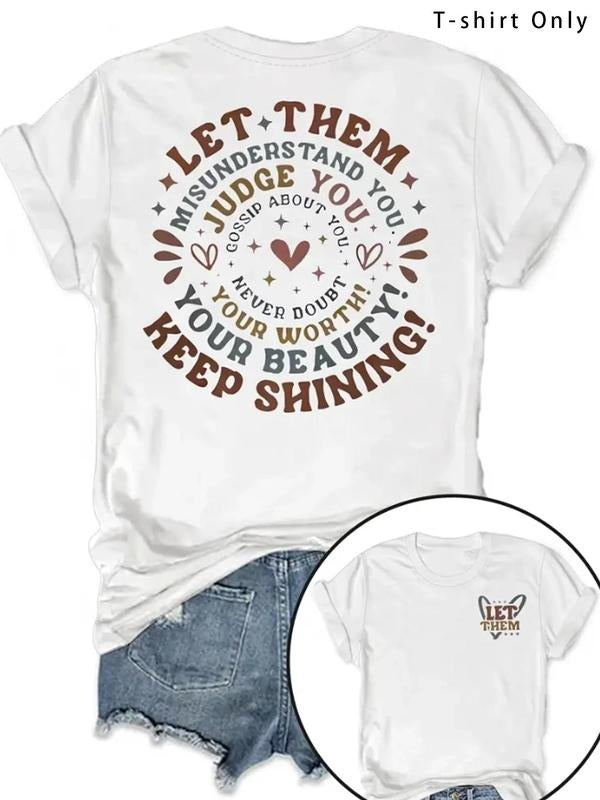 Women's Heart & Letter Print Round Neck Tee, Casual Short Sleeve Crew Neck T-Shirt for Summer, Fashion Women's Top for...