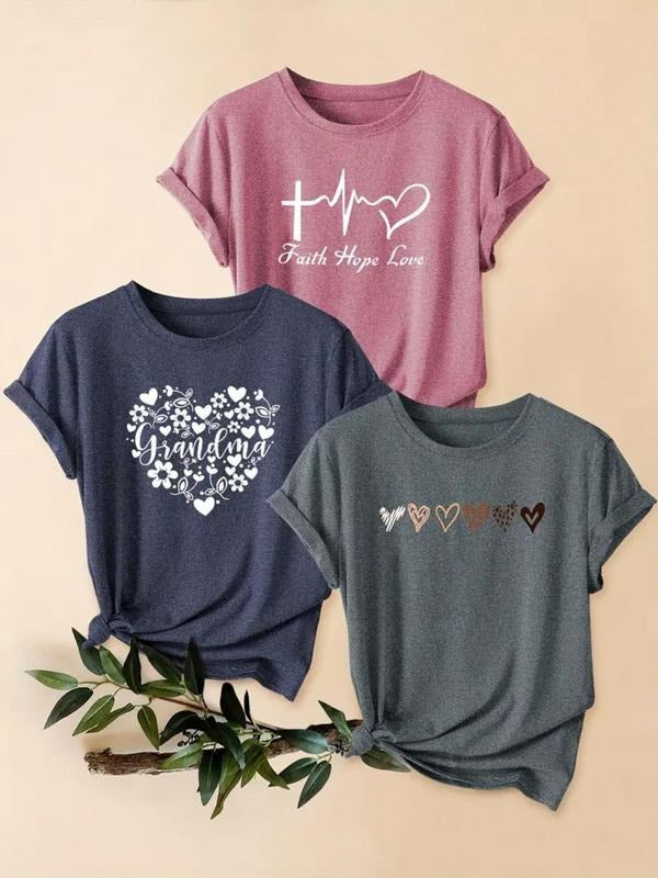 Women's Heart & Letter Print Round Neck Tee, Casual Short Sleeve Crew Neck T-Shirt for Summer, Ladies Clothes for Daily...