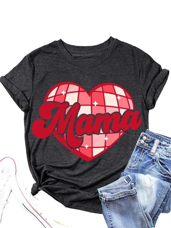 Women's Heart & Letter Print Round Neck Tee, Casual Short Sleeve Crew Neck T-shirt for Daily Wear, Ladies Clothes for All...
