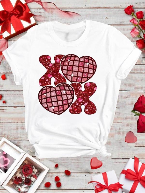 Women's Heart & Letter Print Round Neck Tee, Casual Short Sleeve Crew Neck T-shirt for Daily Wear, Ladies Clothes for All...