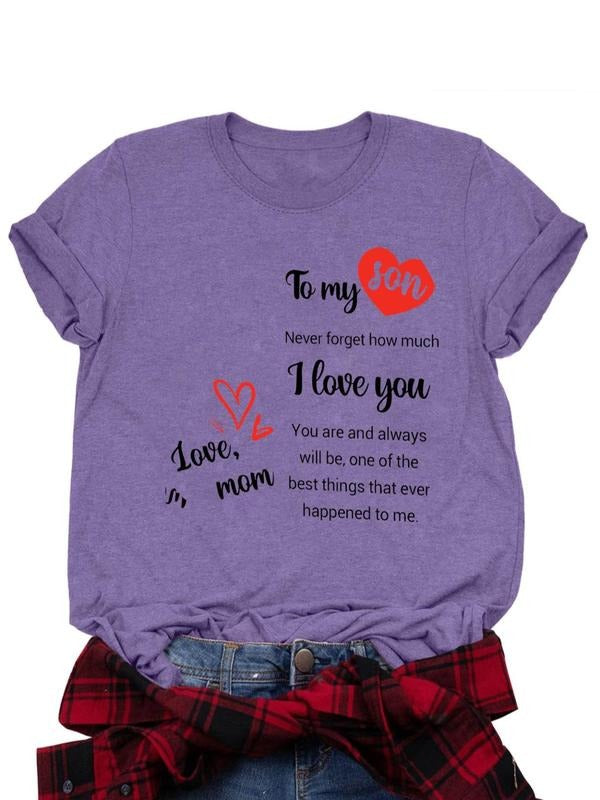 Women's Heart & Letter Print Round Neck Tee, Casual Short Sleeve Crew Neck T-shirt for Daily Wear, Ladies Clothes for All...