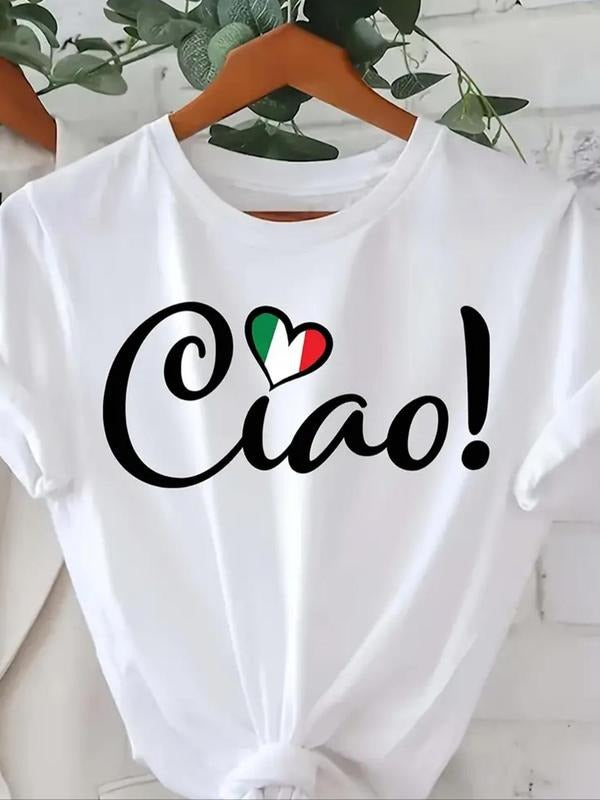 Women's Heart & Letter Print Round Neck Tee, Casual Short Sleeve Crew Neck T-shirt for Summer, Fashion Women's Top for...