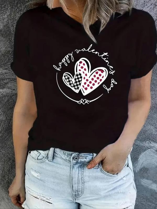 Women's Heart & Letter Print Round Neck Tee, Casual Short Sleeve T-Shirt for Summer, Ladies Clothes for Daily Wear...