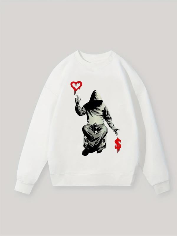 Women's Heart & Money Print Round Neck Thermal Lined Sweatshirt, Casual Figure Print Long Sleeve Pullover for Fall &...