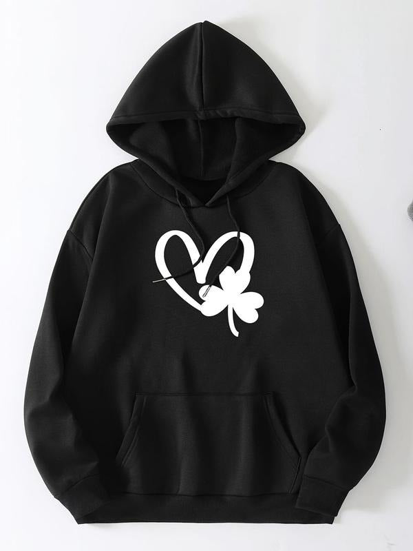 Women's Heart & Plants Print Thermal Lined Hoodie, Casual Drawstring Pocket Hooded Sweatshirt for Fall & Winter, Women's...
