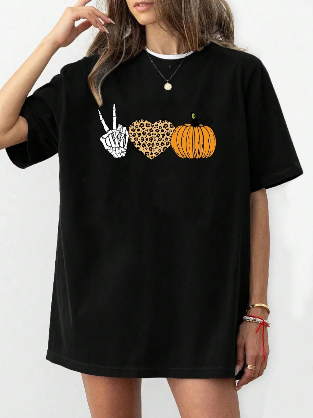 Women's Heart & Pumpkin Print Drop Shoulder Tee, Casual Fashion Half Sleeve Round Neck T-Shirt for Daily Holiday Vacation...