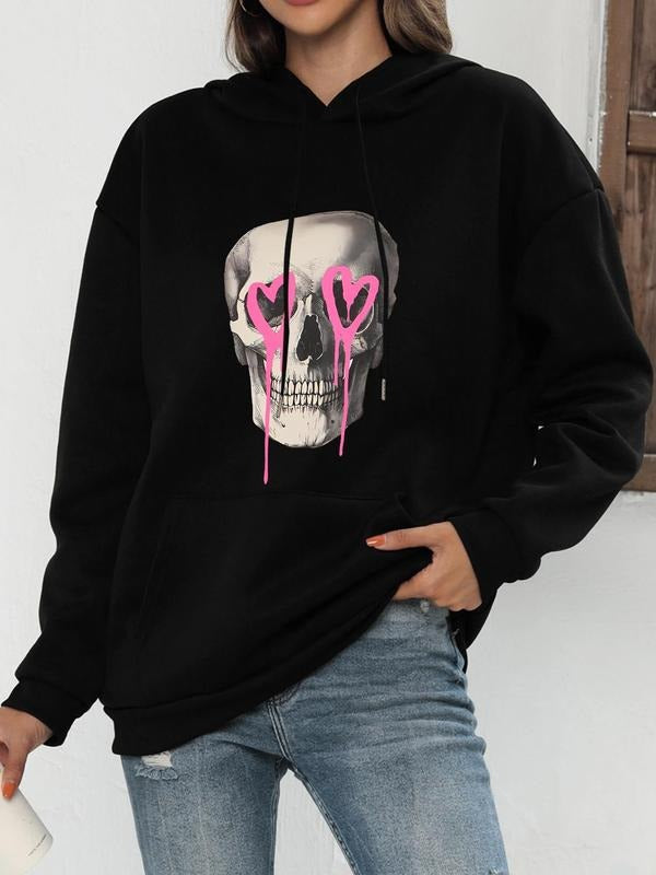 Women's Heart & Skull Print Drop Shoulder Hoodie, Fashion Casual Drawstring Hooded Sweatshirt for Daily Holiday Outdoor...